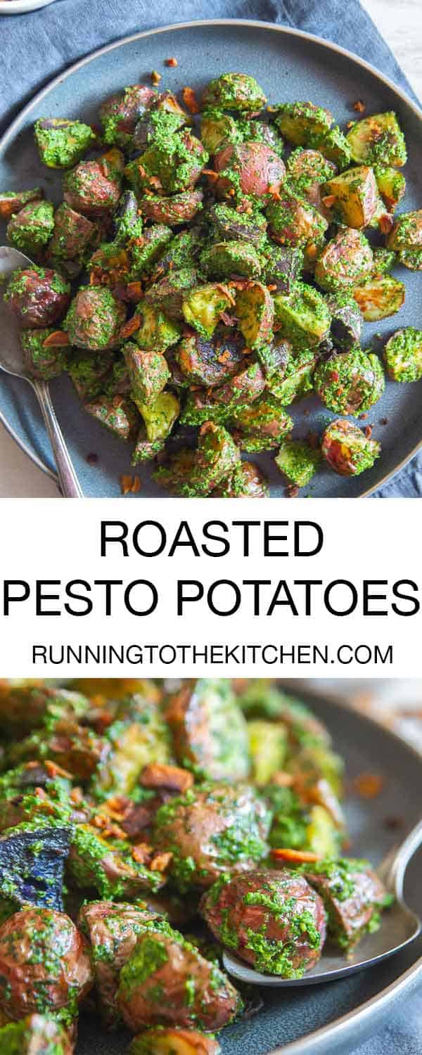Pesto and potatoes are a match made in heaven in this easy roasted pesto potato side dish. Great with almost any grilled meat or fish and so easy to make! #pestopotatoes #roastedpotatoes #pesto