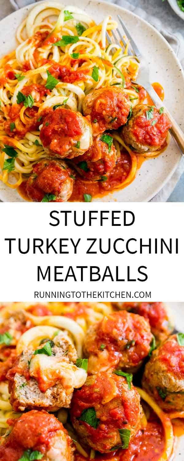 Easy skillet cooked turkey zucchini meatballs stuffed with gooey cheddar cheese and simmered in your favorite jarred tomato sauce.