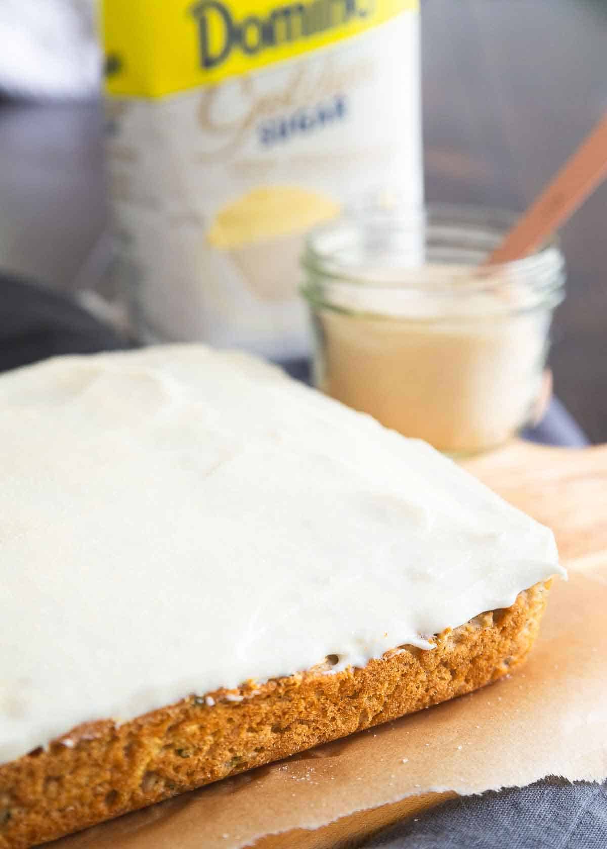 Zucchini bars with cream cheese frosting make a delicious snack or healthier dessert.