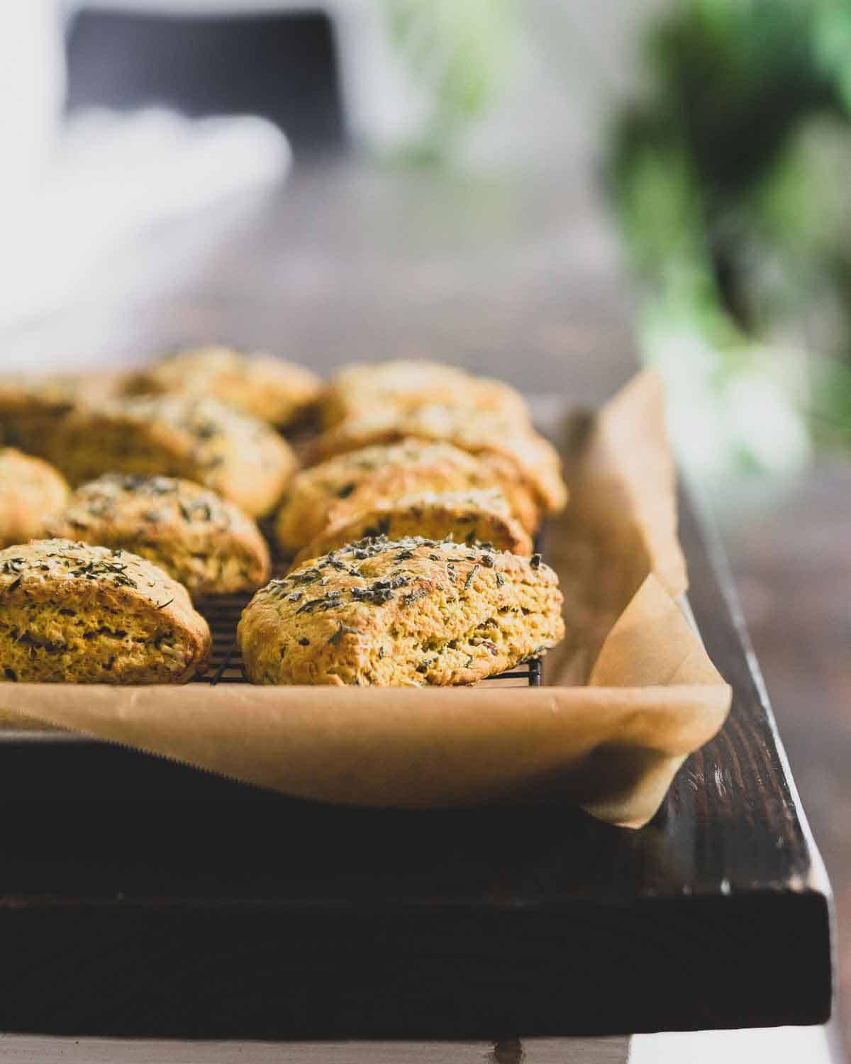 Savory pumpkin scones with parmesan cheese and fresh sage and pecans.