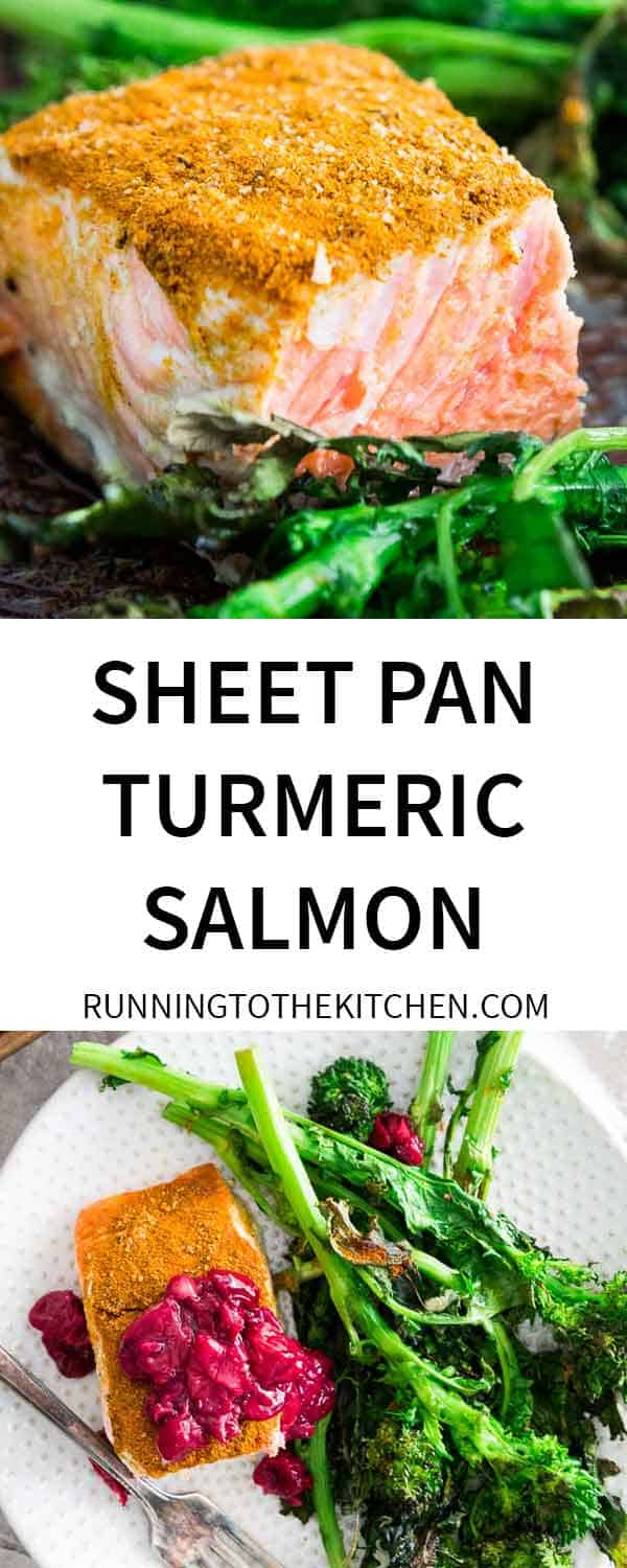 A turmeric spice blend coats wild salmon for an easy sheet pan dinner. Served with broccoli rabe and a quick cherry sauce.