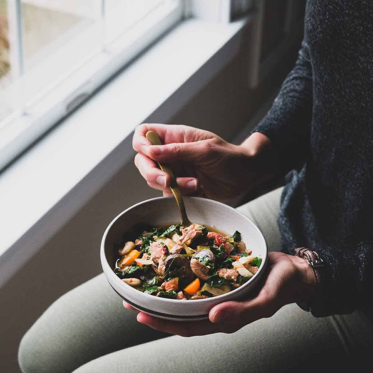 Lamb, white bean and kale slow cooker stew recipe.