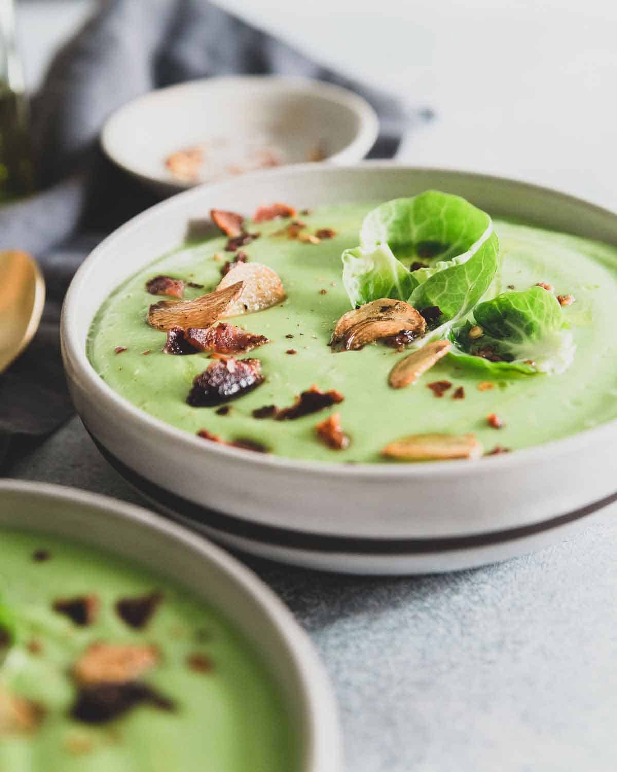 This creamy Brussels sprout soup is filled with garlic flavor and easily made right in the blender in just minutes. It's dairy free, gluten free and easily made vegan.