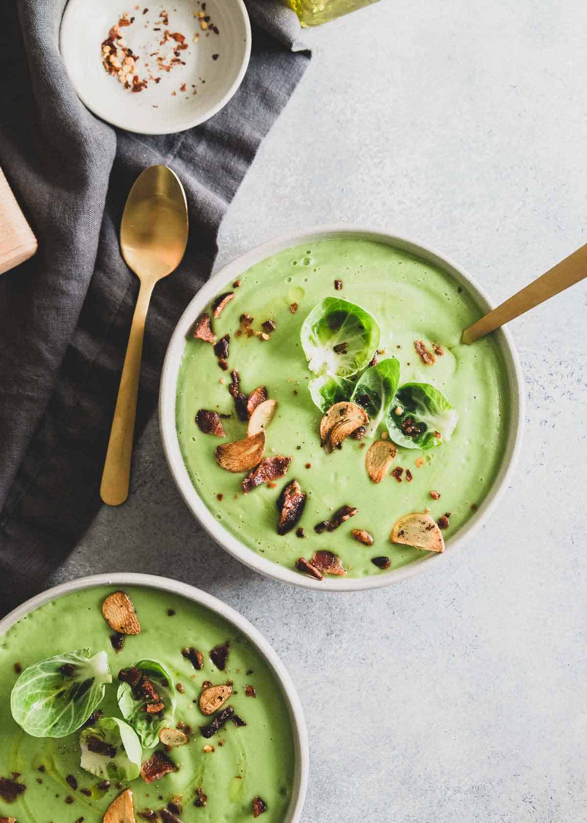 A dairy free, creamy and decadent Brussels sprout soup made in your high powered blender.
