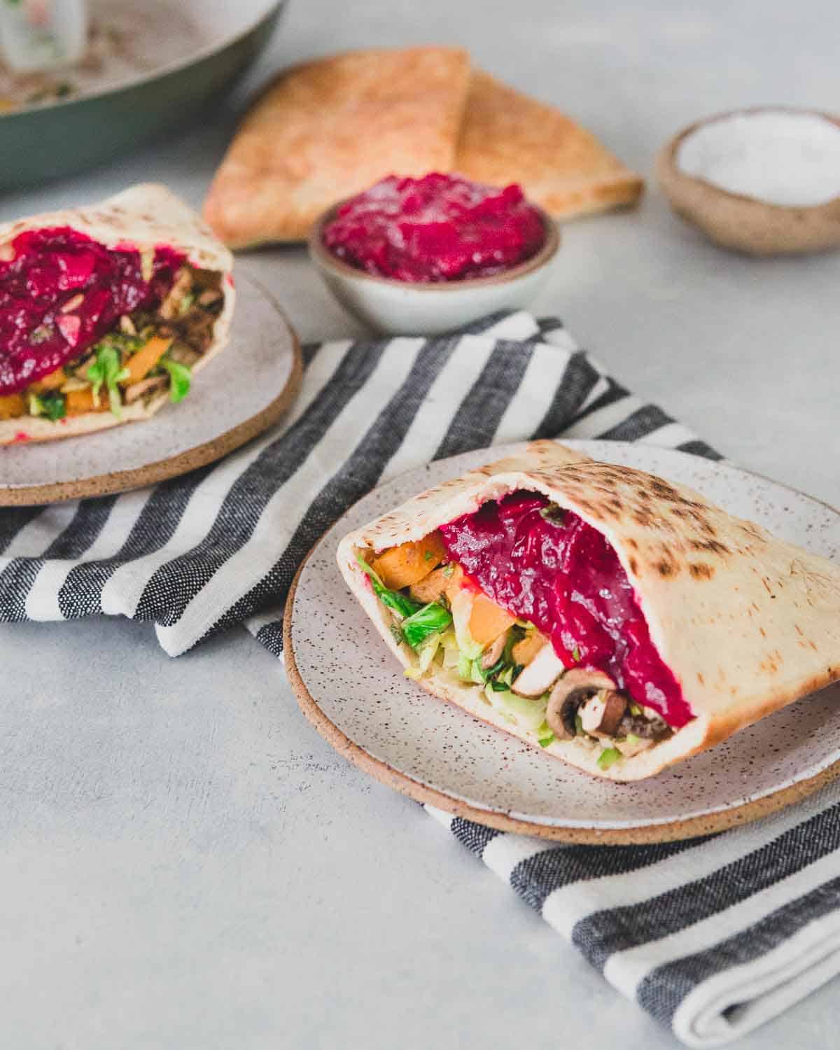Enjoy Thanksgiving leftovers in a healthier way with this cranberry vegetable pita sandwich.