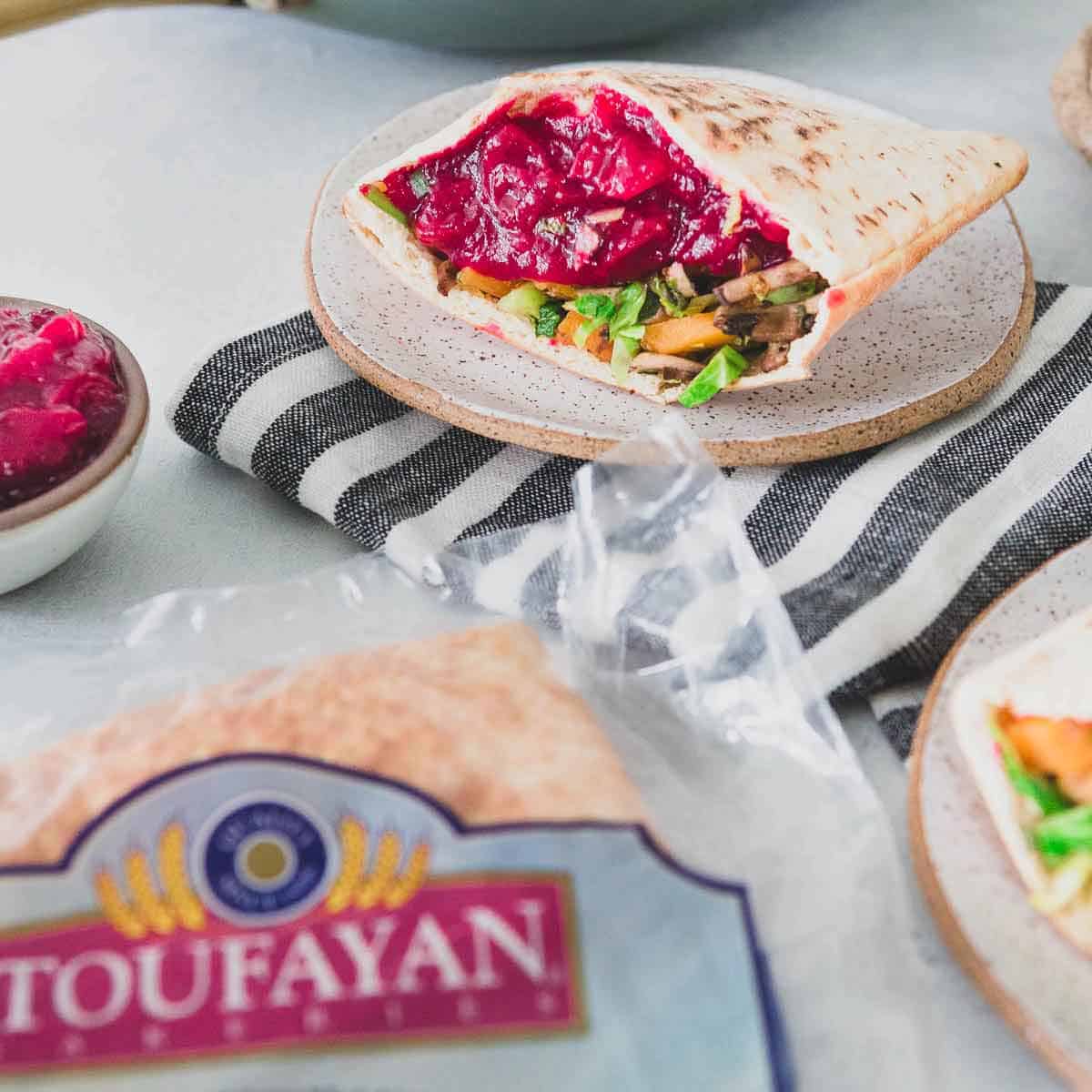 Toufayan Smart Pockets are the perfect pita bread for using up leftover Thanksgiving vegetables and cranberry sauce.