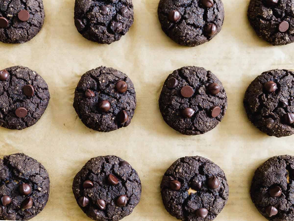 Chocolate chip black bean cookies on baking sheet