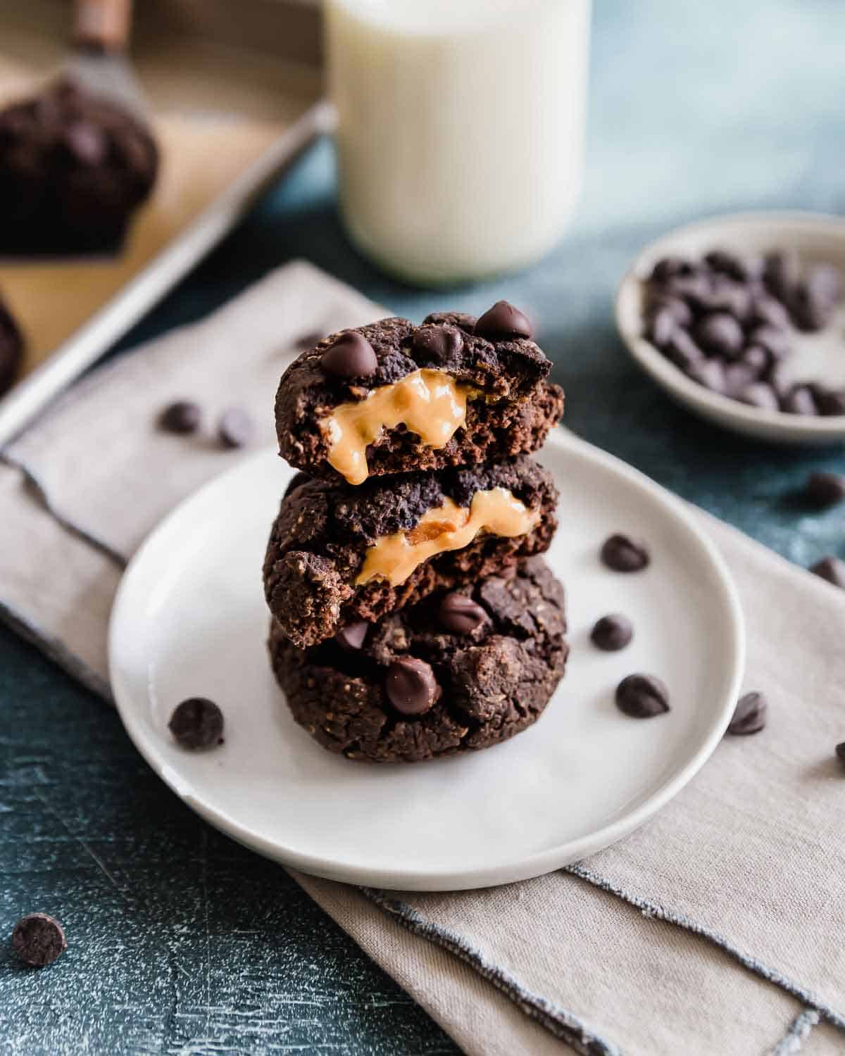 Healthy chocolate black bean cookies with peanut butter center