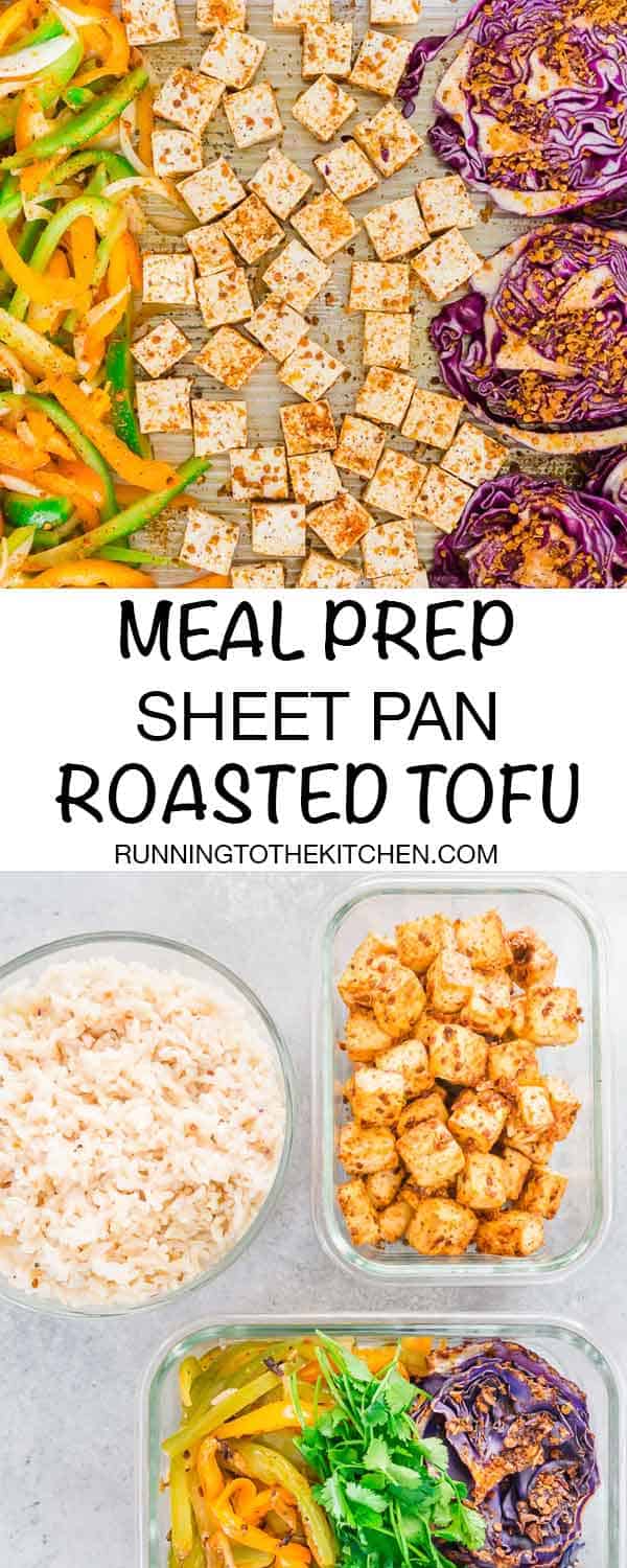 Meal prep this roasted tofu on your sheet pan along with cabbage, peppers and onions and serve with rice for easy plant based meals throughout the week. #mealprep #sheetpandinner #roastedtofu #sheetpantofu #mealpreptofu