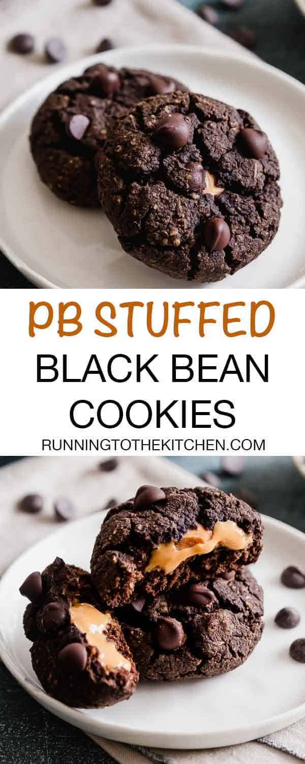 Peanut butter stuffed soft chocolate black bean cookies. #blackbeancookies #fudgecookies #glutenfreecookies #stuffedcookies