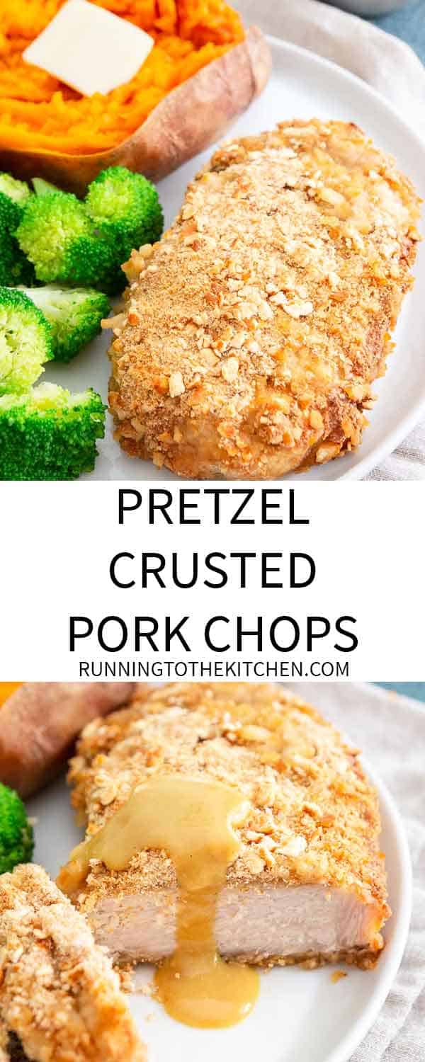 These baked pretzel crusted pork chops with an easy maple dijon sauce are an easy and healthy dinner packed with lean protein. #porkchops #bakedporkchops #pretzelporkchops