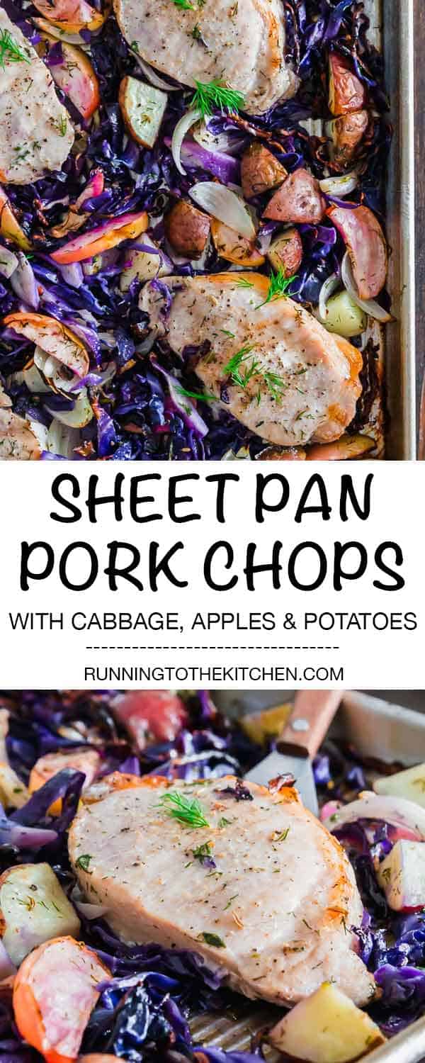 Pork chops, cabbage, potatoes and apples make a quick and easy sheet pan dinner. #sheetpandinner #sheetpanmeals #porkchops #sheetpanporkchops