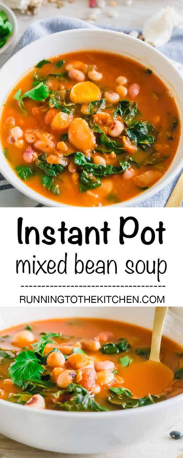 Make this hearty, cozy, vegetarian mixed bean soup in the Instant Pot in just 20 minutes. #InstantPot #InstantPotbeansoup #beansoup