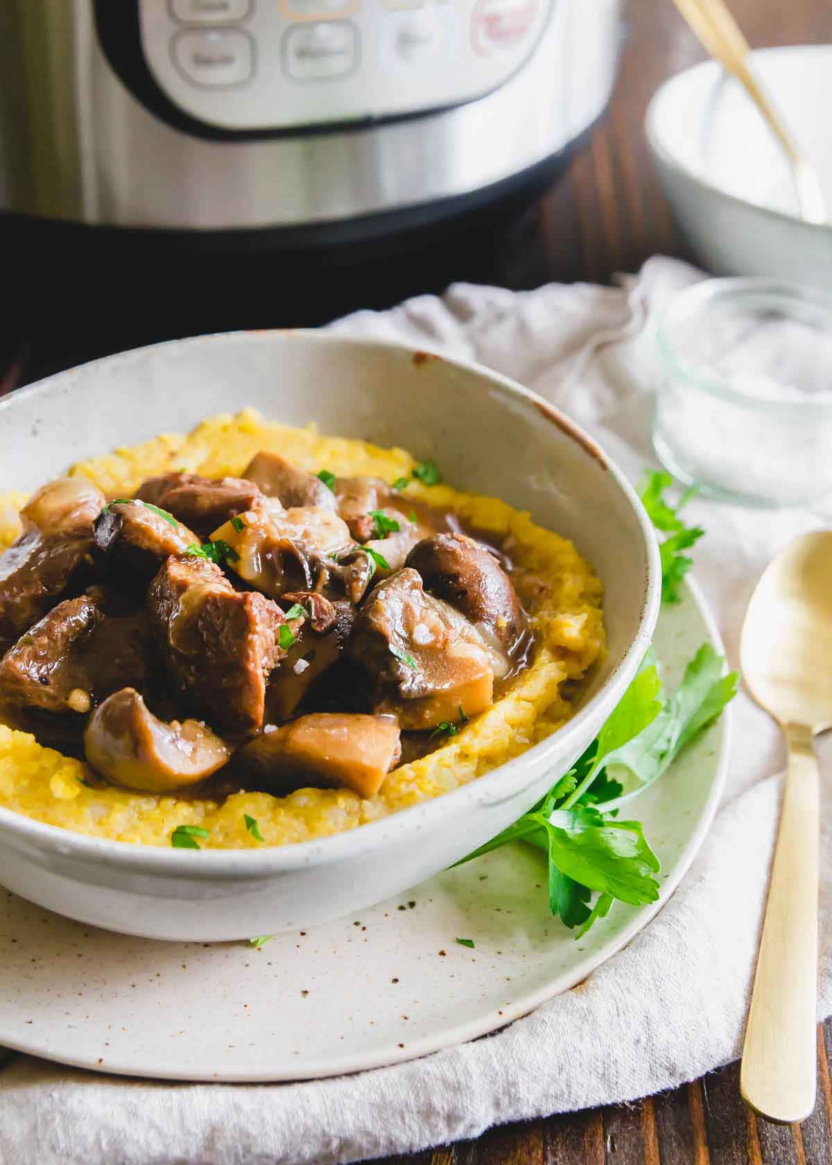 This beef and mushroom stew made in the Instant Pot is a hearty, comforting, stick to your ribs kind of meal that's perfect for winter.