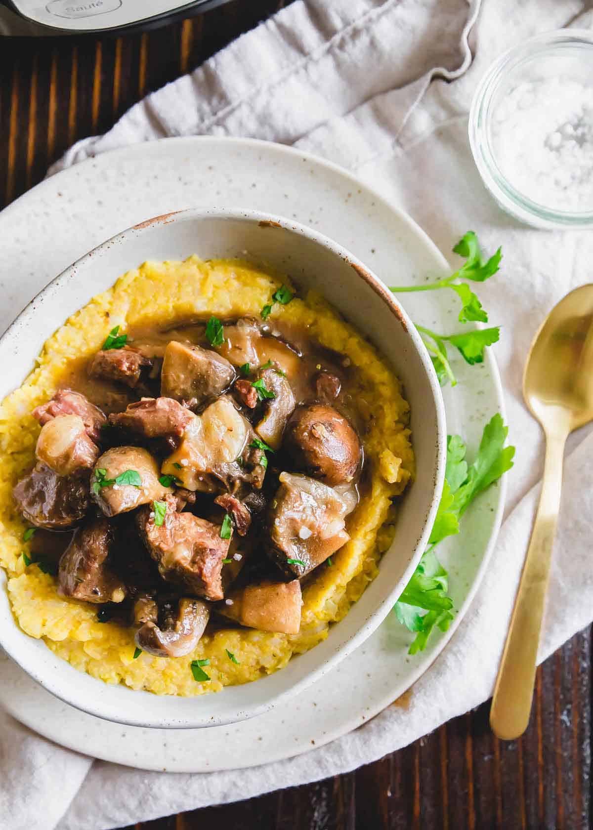 This easy beef stew with mushrooms can be made in any pressure cooker for a hearty winter meal.