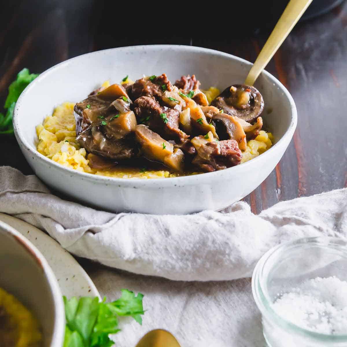 This beef and mushroom stew recipe is thick, hearty and comforting.