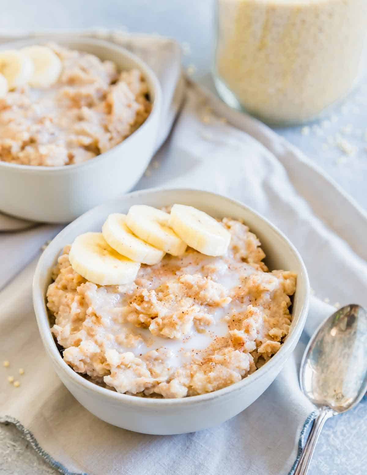 Millet porridge is a creamy, gluten-free breakfast easily made in the slow cooker overnight and ready when you wake up. With hints of cinnamon and vanilla it's the perfect base to top with your favorite fresh fruit, nuts and seeds for a hearty start to the day.