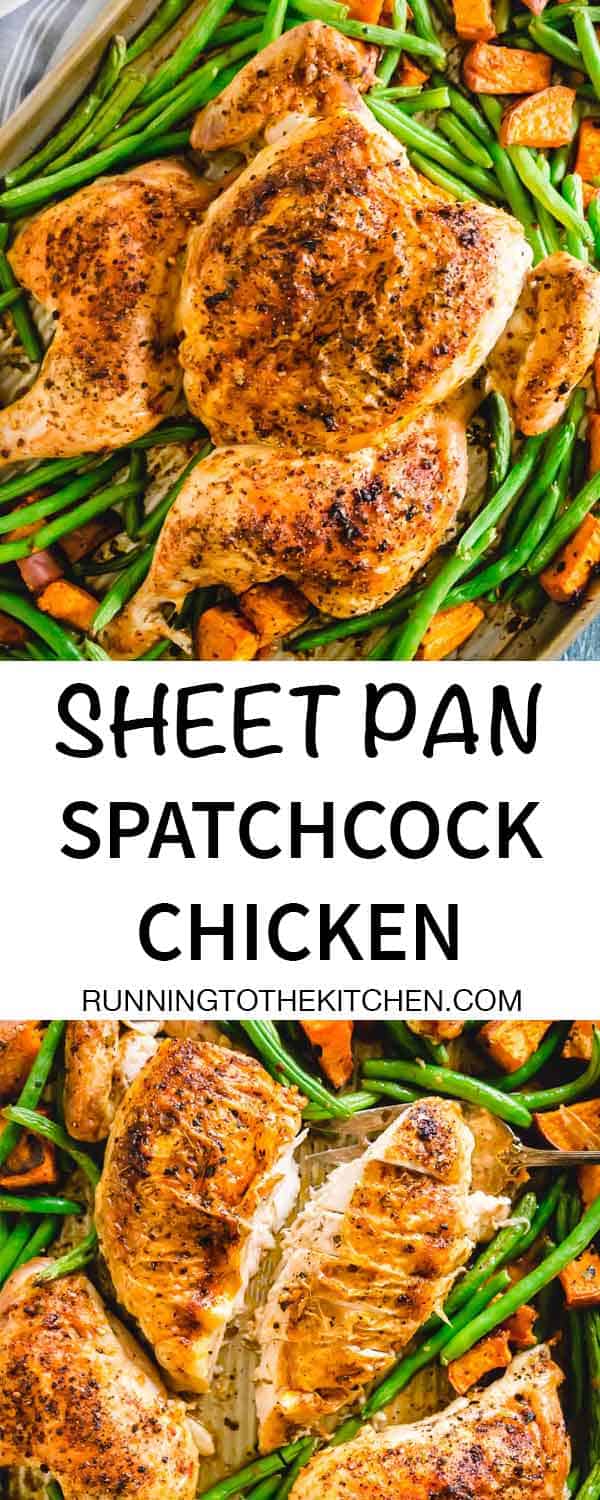 Spatchcock piri piri chicken with green beans and sweet potatoes. #spatchcockchicken #piripirichicken #sheetpanchicken