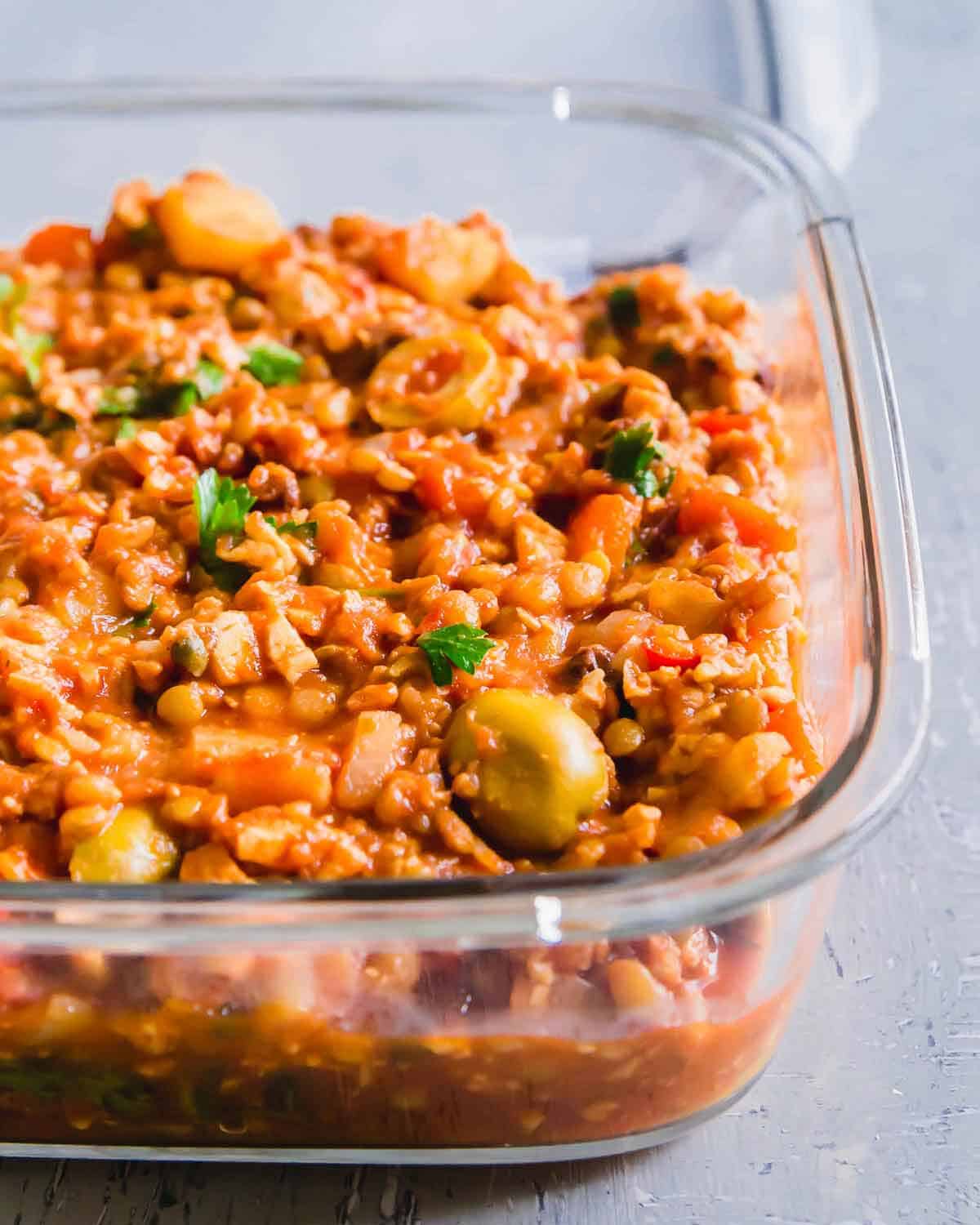 Meal prep this tempeh and lentil picadillo recipe for easy plant based meals throughout the week.