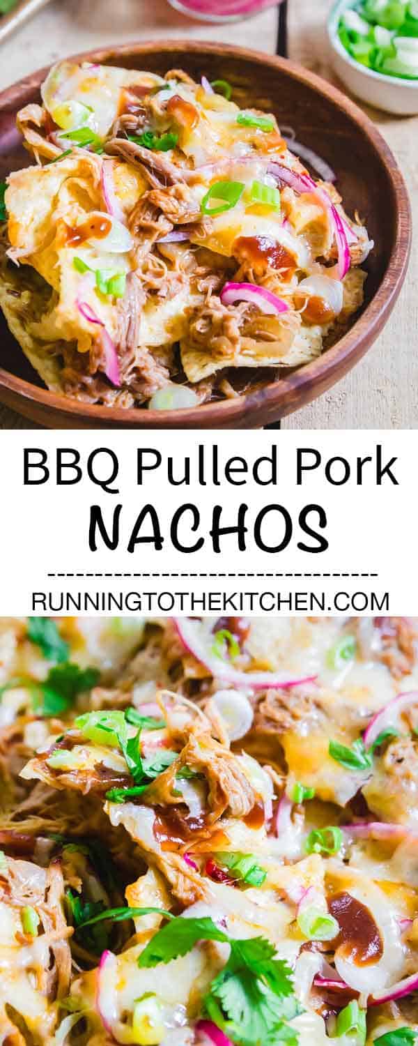 Top these BBQ pulled pork nachos with your favorite fix-ins like pickled red onions, green onions, cilantro or even corn, black beans and tomatoes for an easy and CHEESY appetizer everyone will love. #pulledporknachos #bbqpulledpork