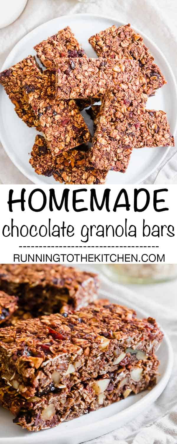 Naturally sweetened with just 8 nutritious ingredients, these chocolate granola bars are packed with fiber, protein and healthy fats for a great tasting snack. #chocolategranolabars