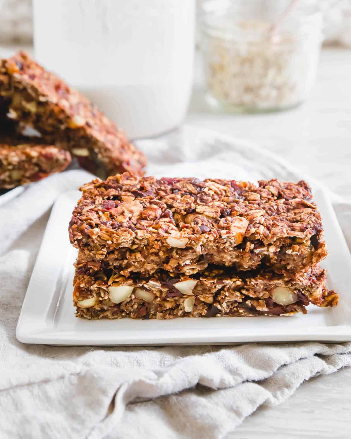 Filled with healthy oats, nuts and fruit, these chocolate granola bars are a nutritious snack.