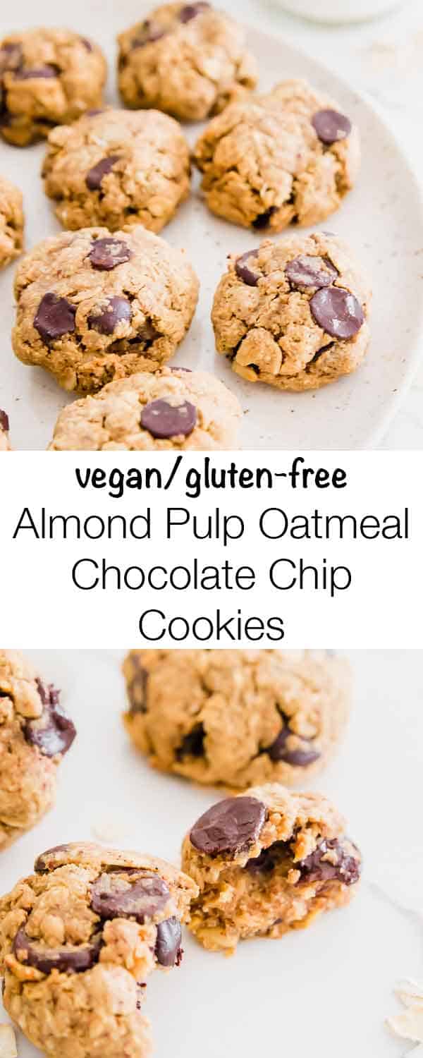 An easy recipe for vegan/gluten-free oatmeal chocolate chip cookies using leftover almond pulp.