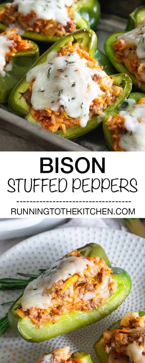 Switch out the beef for bison in this easy stuffed pepper recipe. Filled with ground bison, rice, shredded vegetables and tomato sauce and topped with melted cheddar cheese.