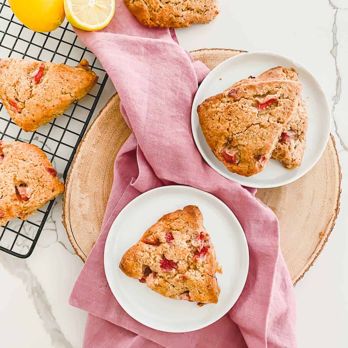 Strawberry lemon scones are great for breakfast or an afternoon snack with their bright lemon and sweet strawberry flavor.