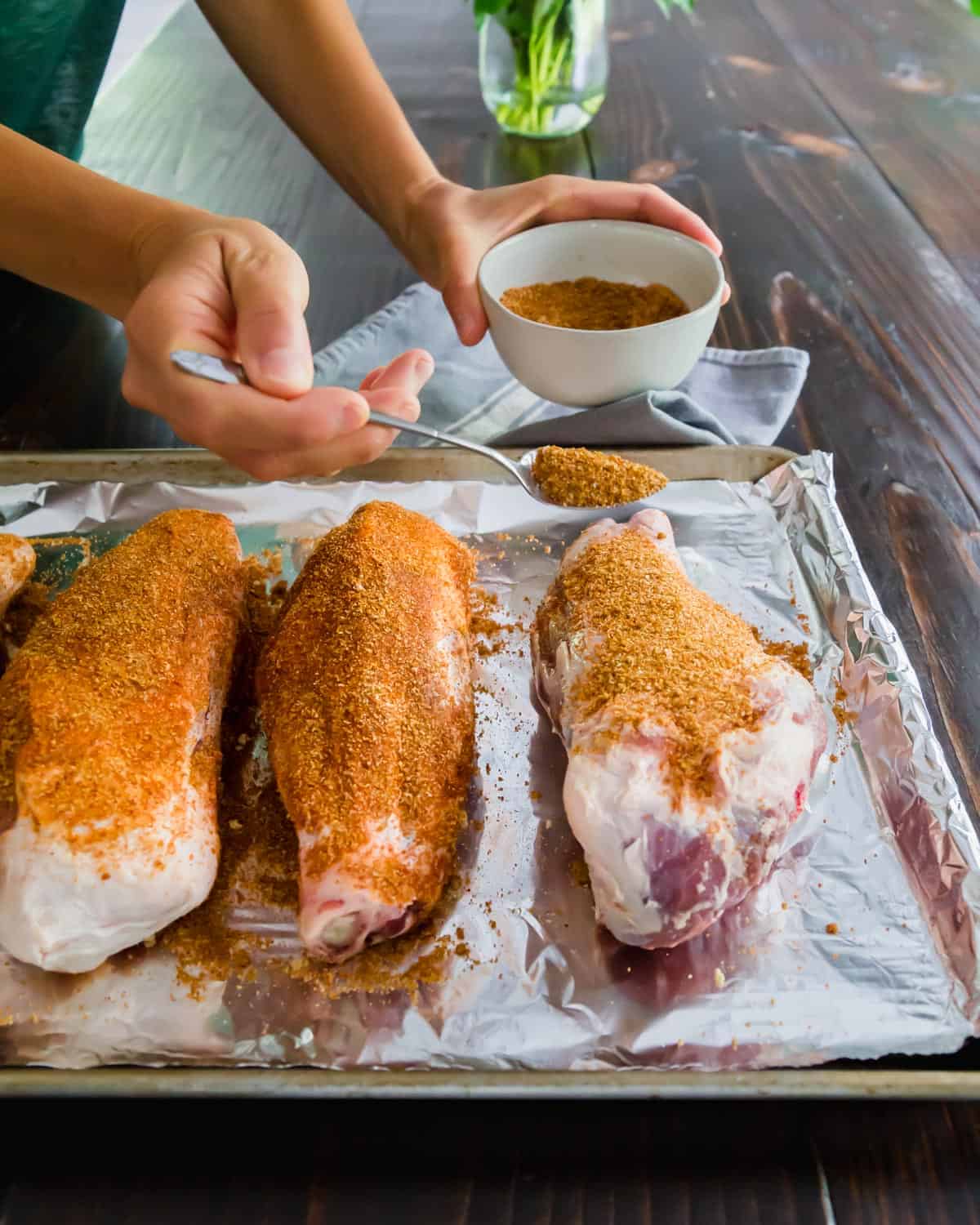 Dry rub BBQ seasoning coats these American lamb shanks before being baked low and slow for over 3 hours.