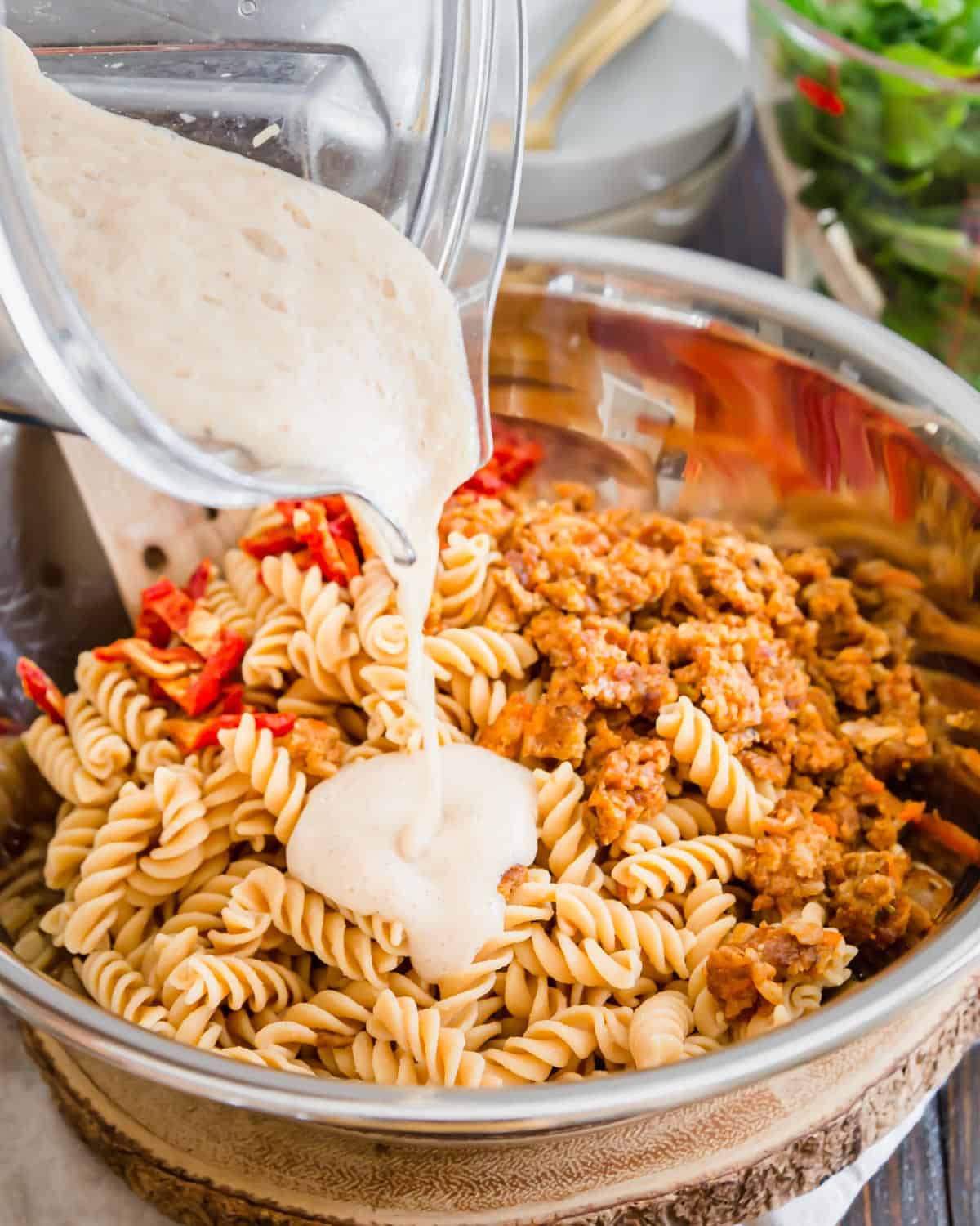 This luscious, creamy dairy free and vegan white bean sauce coats chickpea fusilli pasta.