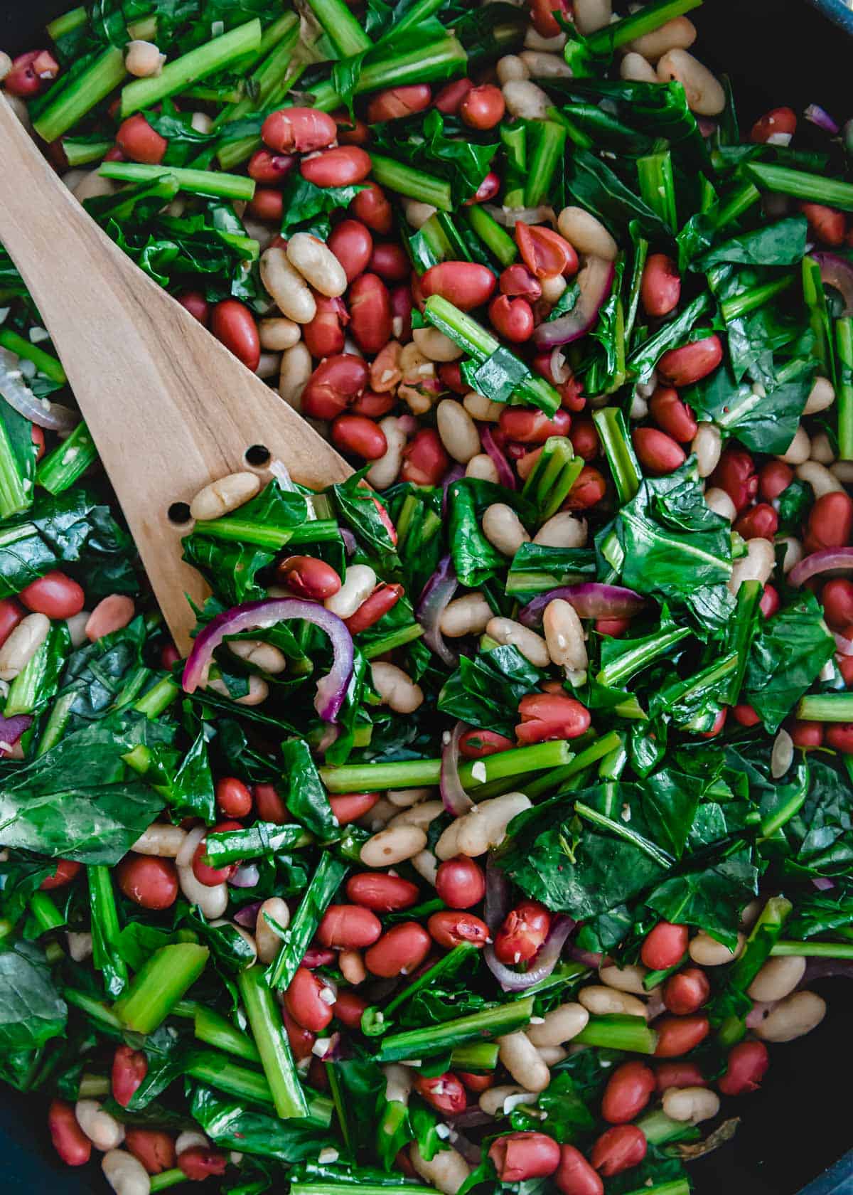 Red onion, cannellini beans, red beans and dandelion greens are sautéed together for an easy vegetarian skillet meal.