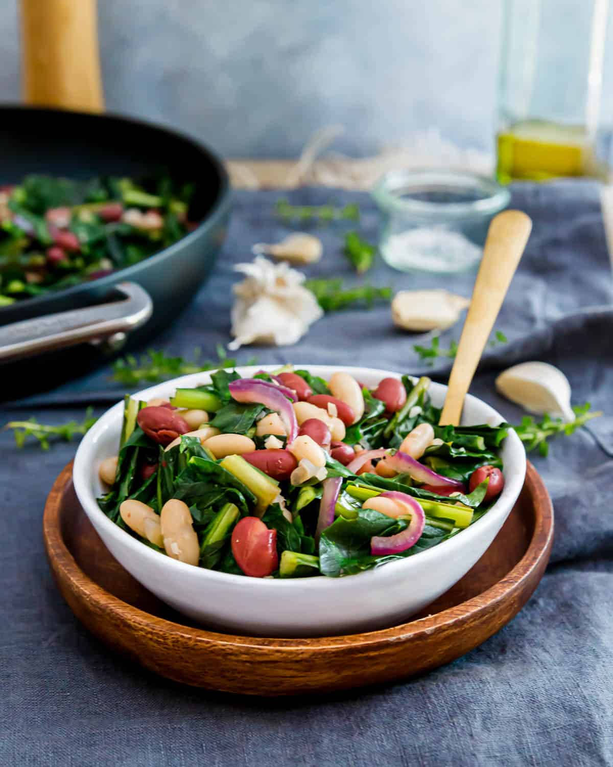 Enjoy nutritious dandelion greens in this easy meatless skillet recipe with beans and red onions.