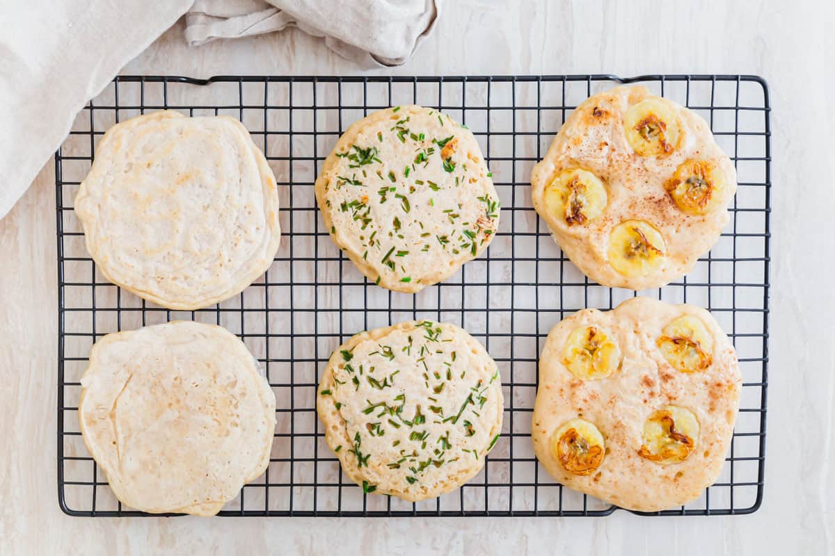 Three versions of sourdough discard pancakes - plain, savory and sweet.