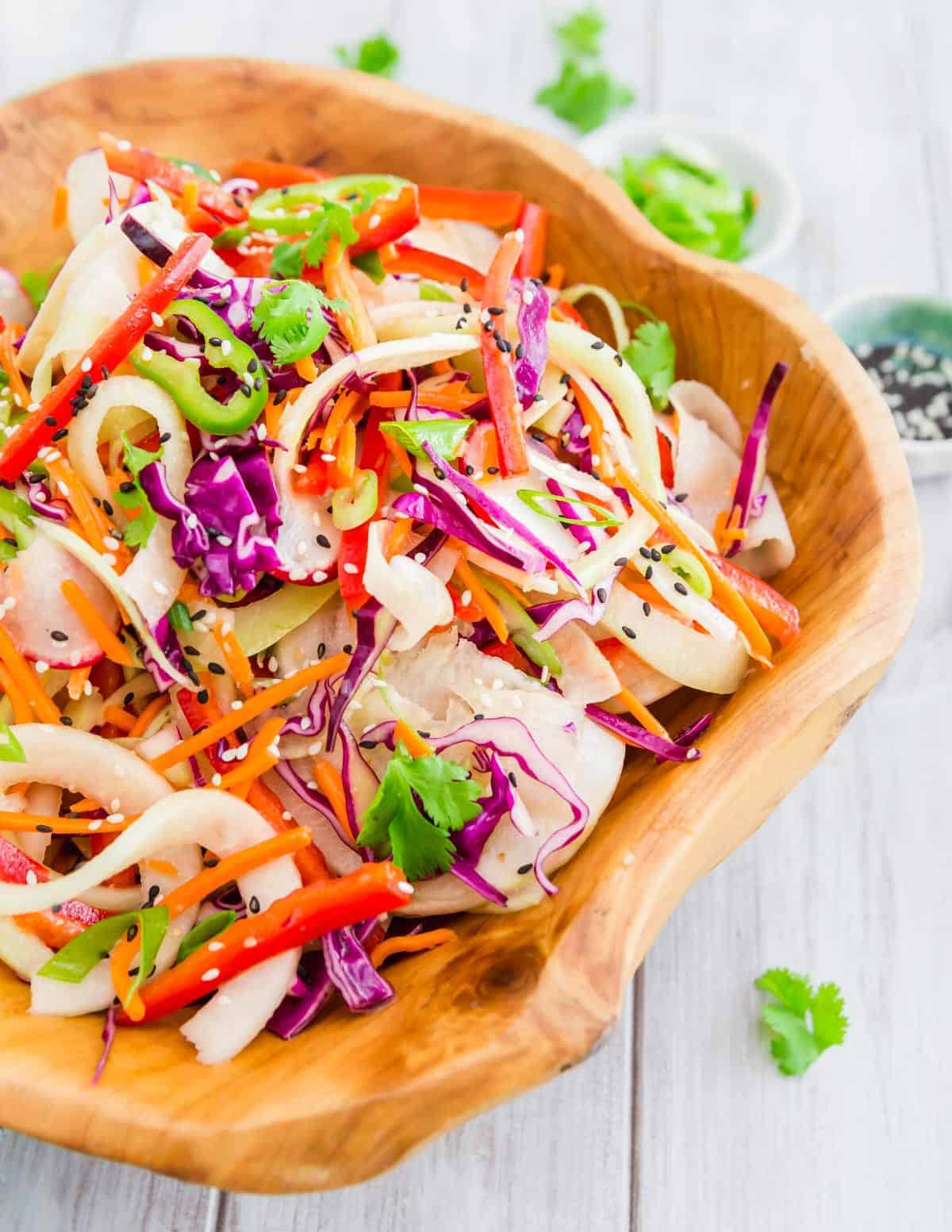 A simple kohlrabi noodle recipe that takes inspiration from the flavors and ingredients of a Thai salad.