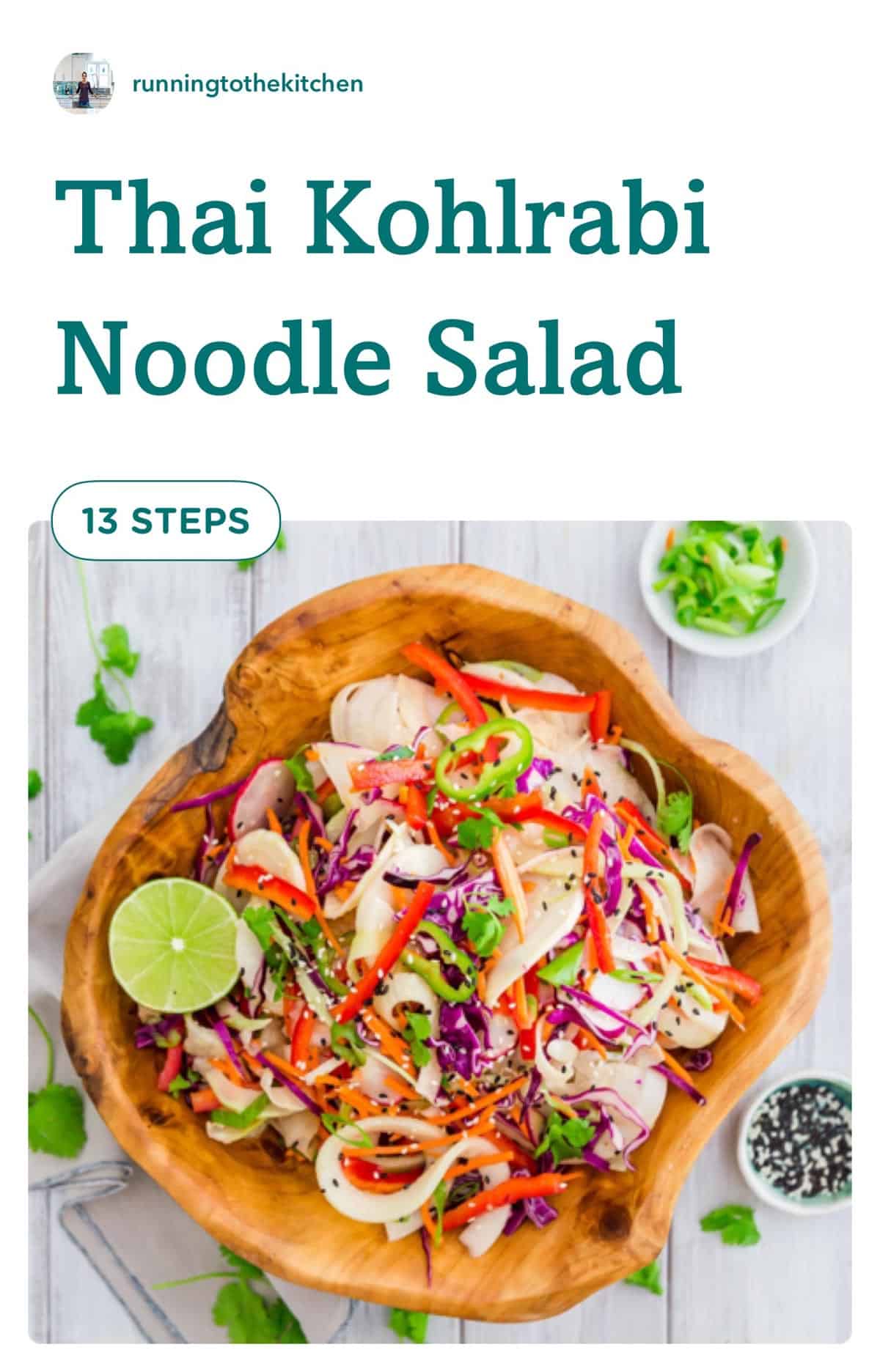 Make this colorful, easy Thai flavored salad with kohlrabi noodles! Spiralized kohlrabi noodles make a healthy salad base. Pair with fresh crispy vegetables & an Asian inspired vinaigrette.