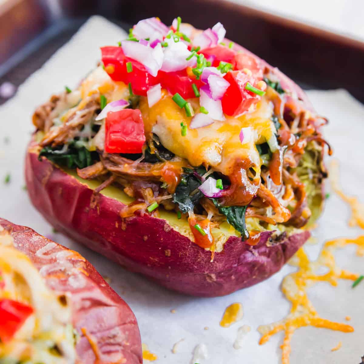 These loaded BBQ brisket baked potatoes are stuffed to the brim and beyond delicious. They're a great recipe if you've got leftover beef brisket on hand and looking for new ways to use it up!