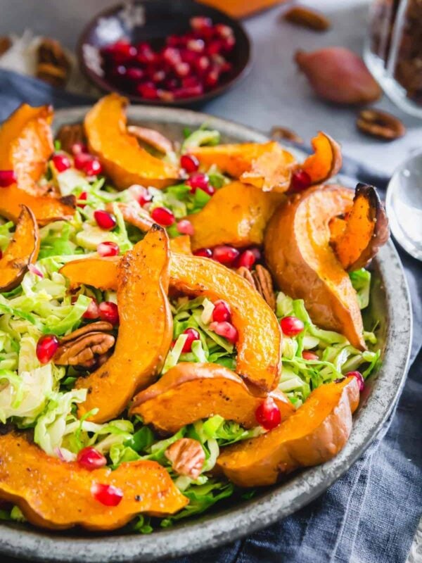 roasted koginut squash salad with shaved brussels sprouts and pomegranates