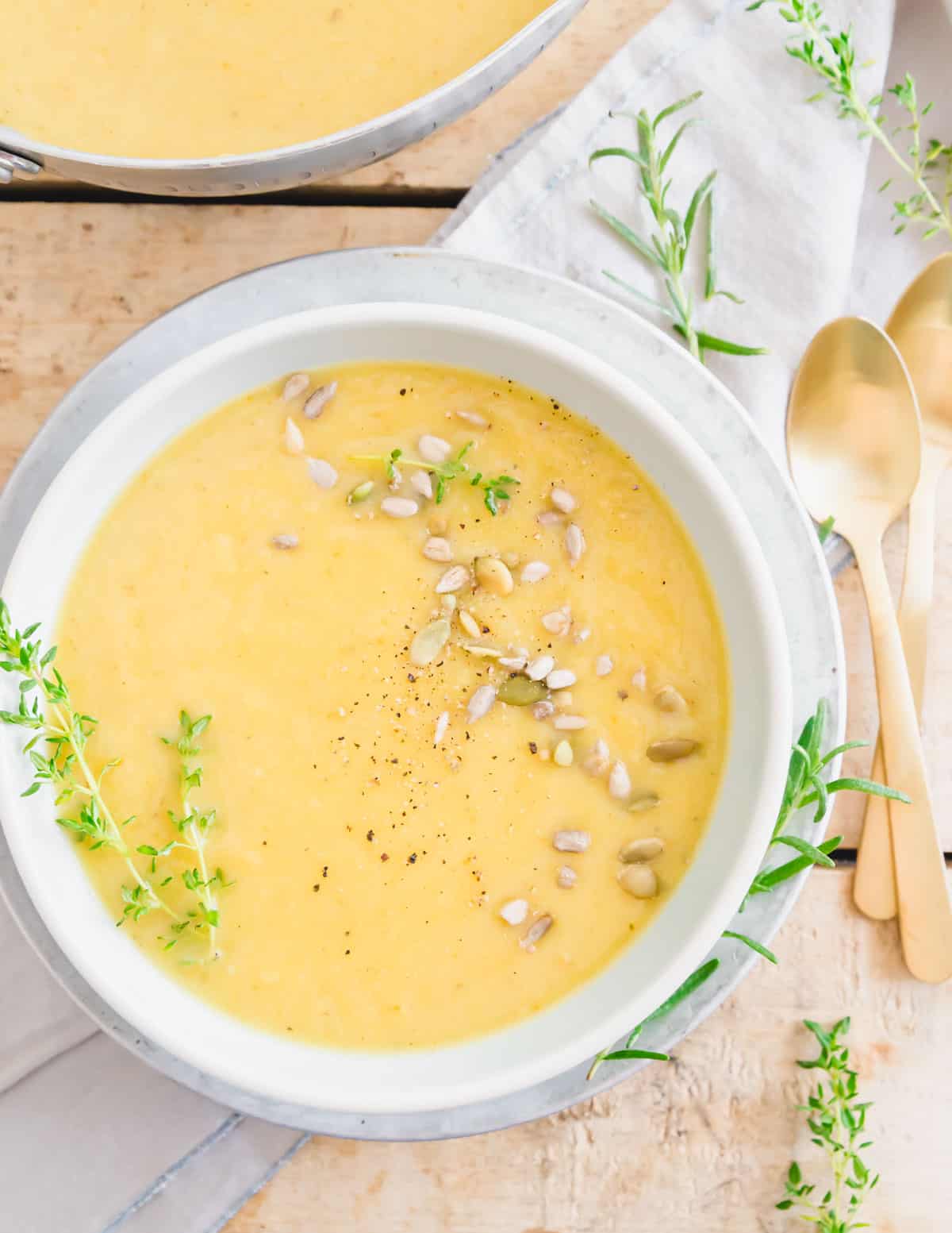 root vegetable soup made with parsnips, celery root and golden beets pureed until creamy