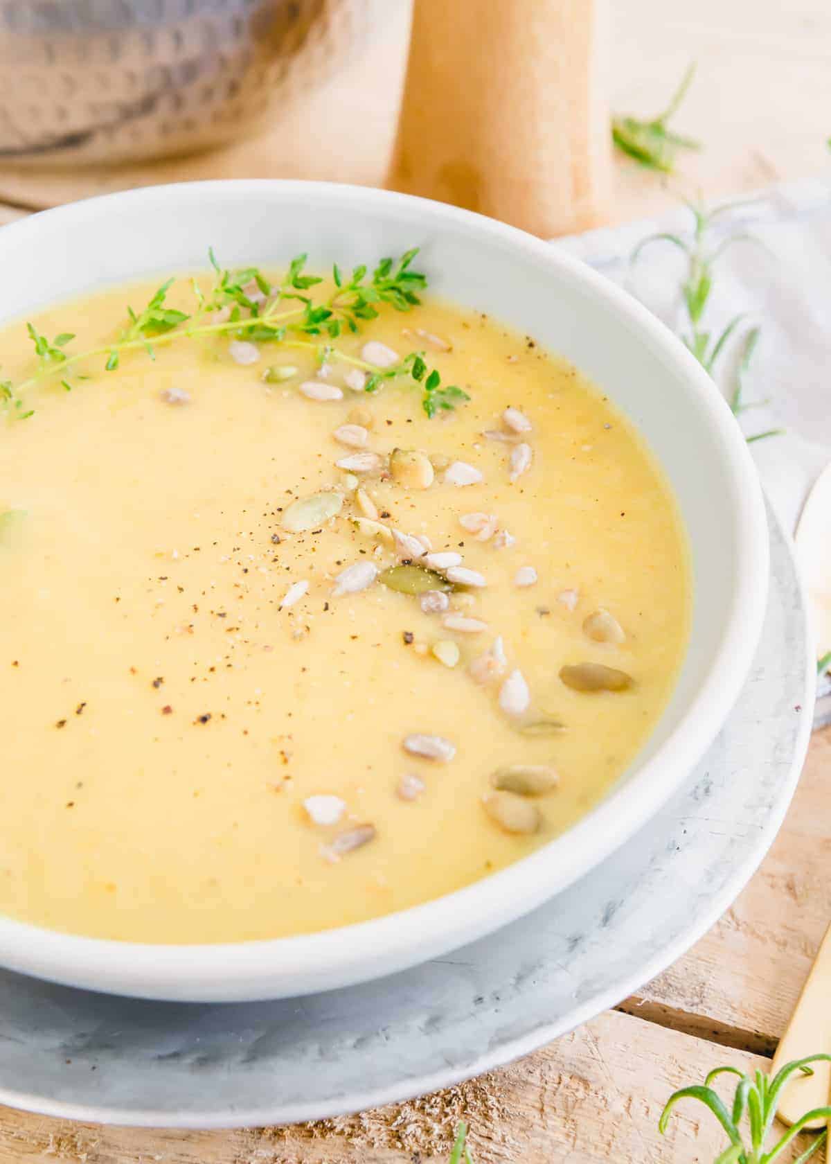 This creamy soup can be made with almost any assortment of root vegetables you have on hand. It's a vegetarian meal that's both hearty and warming with robust winter herbs and spices.