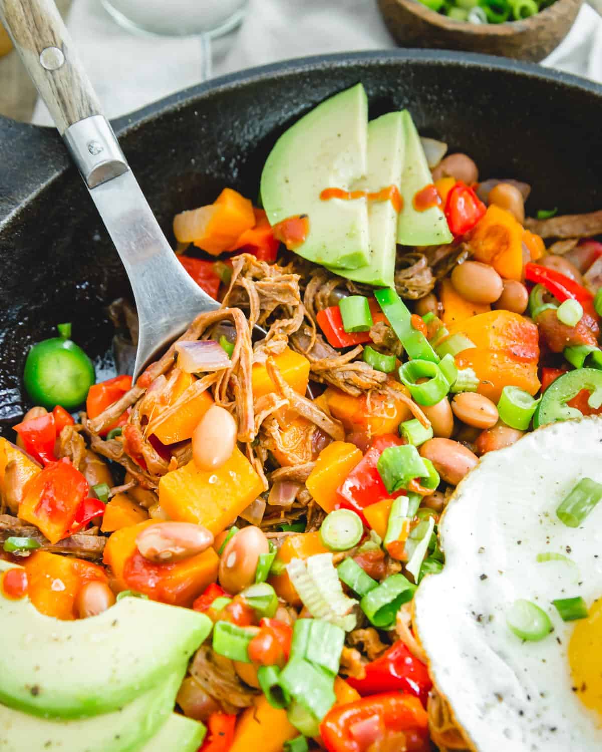 Leftover beef brisket is turned into an easy skillet breakfast hash recipe.