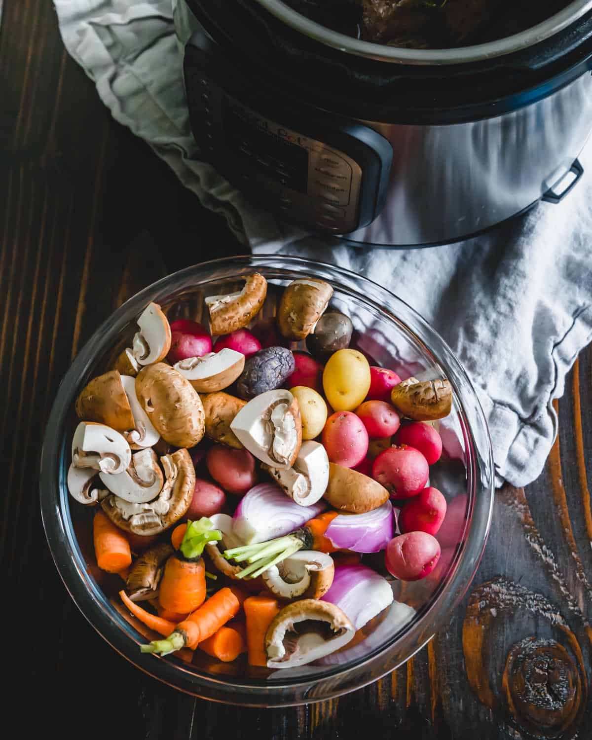 baby potatoes, carrots, onions and mushrooms to go with pressure cooked venison roast