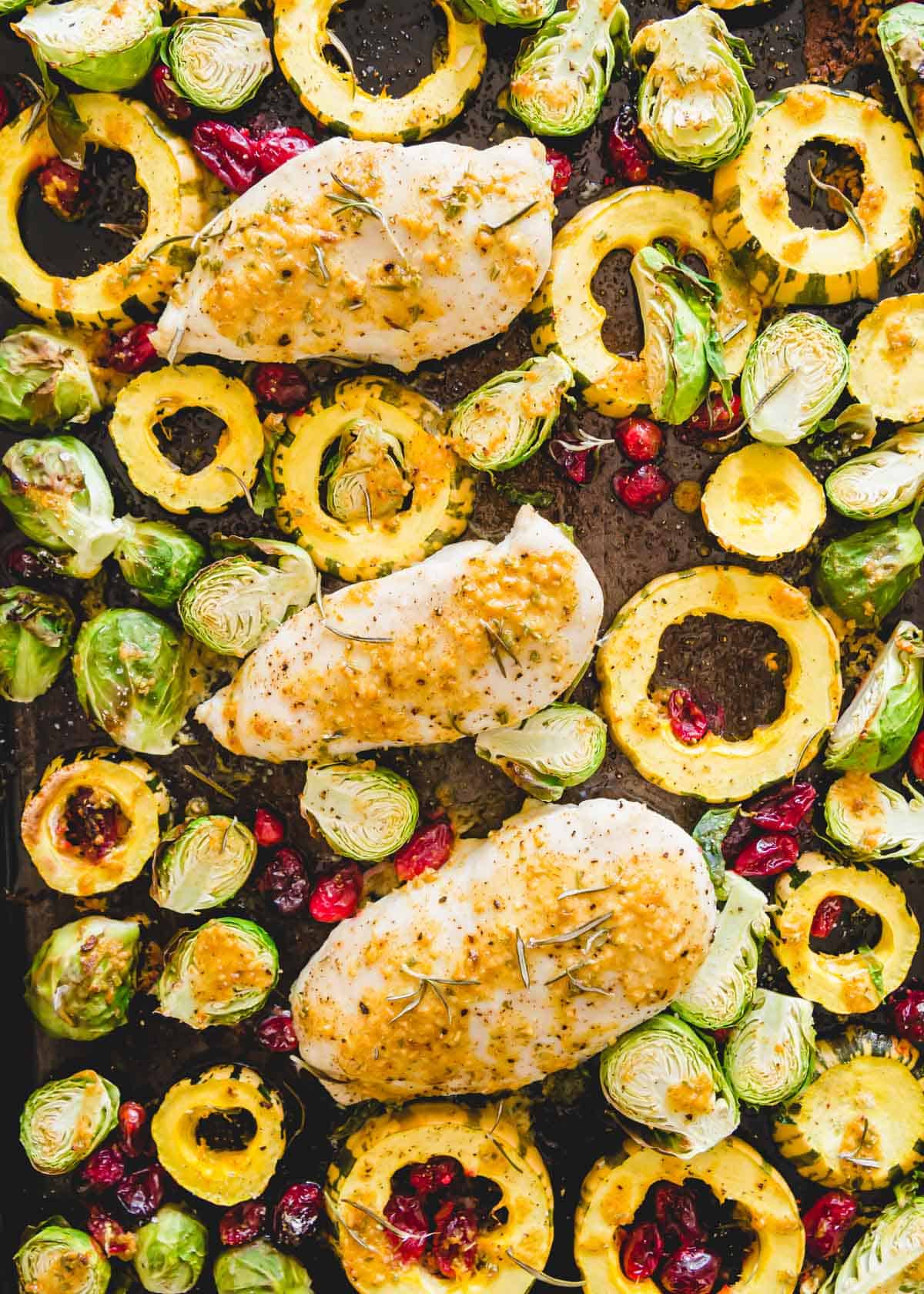 baked maple mustard chicken dinner with fall vegetables.