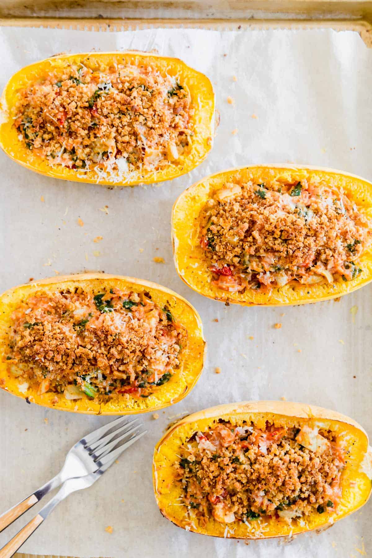 stuffed spaghetti squash before being baked for the second time