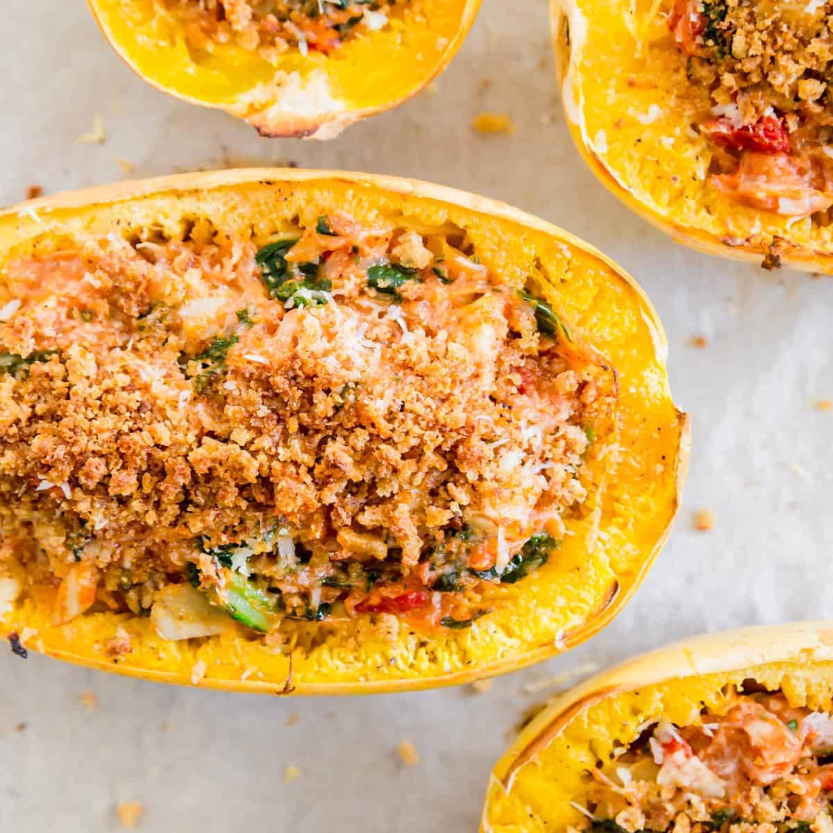 Twice baked spaghetti squash is a cozy and decadent yet low-carb and gluten-free side dish or meatless main course