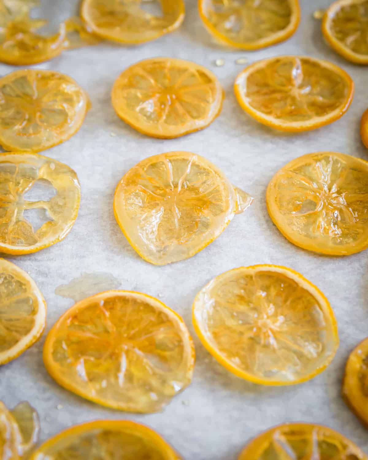 Candied lemon slices after drying for 24 hours ready to be used as dessert garnish or chopped up for baking recipes.