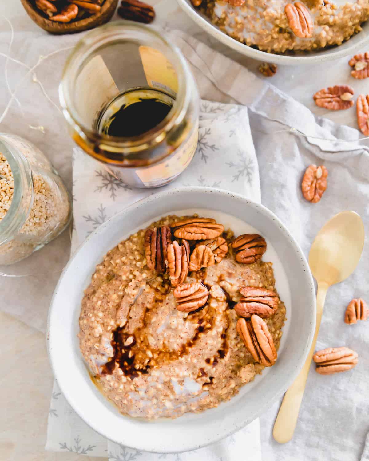 steel cut gingerbread oats made on the stove top with molasses and gingerbread spice mix.