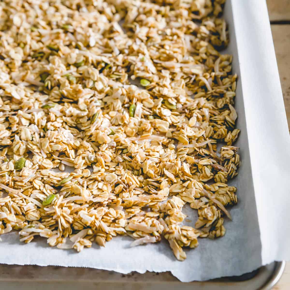 Nut free granola on a sheet pan lined with parchment paper before baking and adding dried fruit.