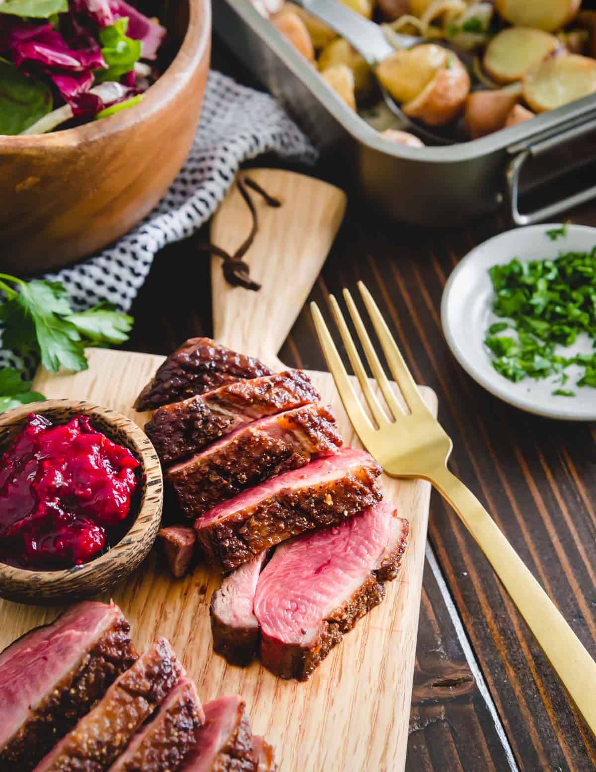 This duck breast recipe utilizes a quick pan sear for a crispy exterior skin and beautiful medium-rare interior.