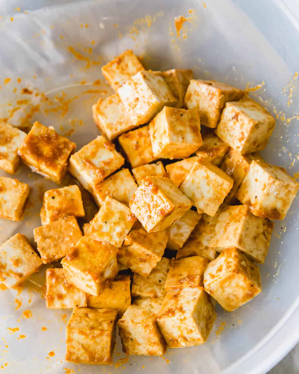 Pressed and cubed tofu in a quick and easy marinade before air frying.